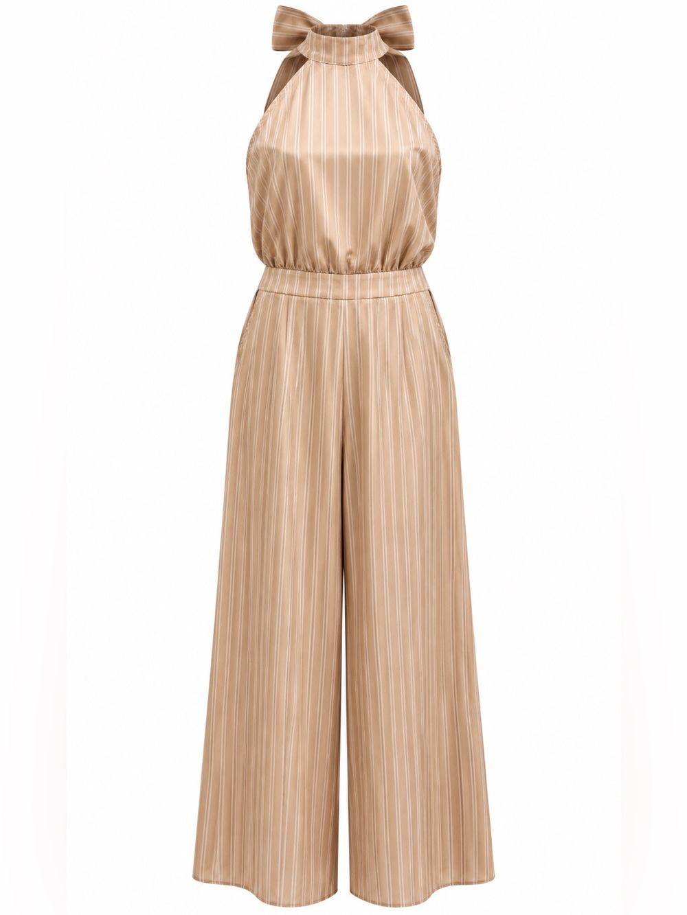 FAERIESTY Halter Jumpsuit 2X Beige Pinstripe Wide Leg Palazzo Pants Elegant